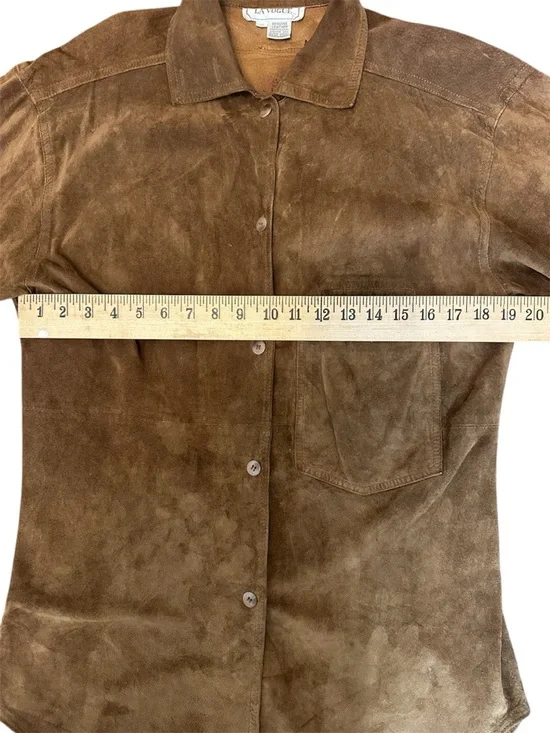 Brown Suede Coat Jacket M Button Down Collar Vtg La Vogue Leather Extra Long Tan - Picture 6 of 7